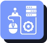 Icon of a blue digital or technological motif, featuring a central node connected to three surrounding nodes, on a lighter blue square background