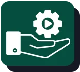 Icon of a blue digital or technological motif, featuring a central node connected to three surrounding nodes, on a lighter blue square background